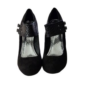 Bamboo Black Faux‎ Suede Snakeskin Platform Pumps Double Buckle Heels 10M 40